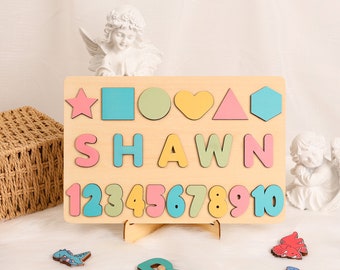 Personalized Name Puzzle with Pegs, First Birthday Present for Girl/Boy, Baby Shower Wooden Toddler Toys and Games, Montessori Baby Toys