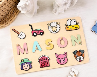 Rompecabezas personalizado con nombre de animales de granja, decoración de madera para habitación infantil, rompecabezas con nombre de bebé, regalo para niña, regalo de primer cumpleaños