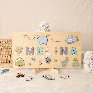 Decoración de guardería con temática oceánica, tablero de rompecabezas Montessori, regalo personalizado para bebé, juguetes de madera para niños, guardería con temática oceánica, regalo de cumpleaños para niños