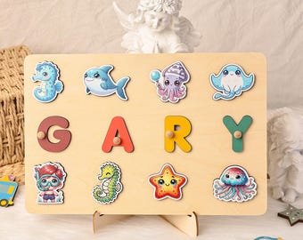 Custom Ocean Animals Themed Wooden Puzzle, Perfect Toddler Learning Gift, Adorable Sea Creatures for Little Explorers, Kids Busy Board