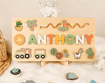Personalized Kids Busy Board, Sensory Toy 2 Year-Old, Crocodile/Train Wooden Puzzle, Baby Name Puzzle, Nursery Decor, Unique Birthday Gift