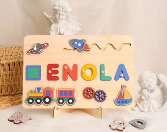 Air Land and Sea Name Puzzle for Kids/Boys, Transportation Name Puzzle Gift with Trains, Rockets, Ocean Liner,  Wooden Montessori Toys