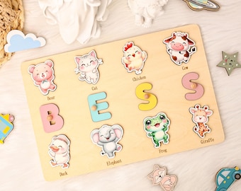 Personalized Wooden Name Puzzle, Animal Theme Montessori Toy