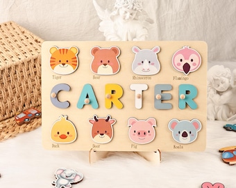 パーソナライズされた動物の名前のパズル、カスタムビジーボード、モンテッソーリ木製玩具、女の子の赤ちゃんへのギフト、最初の誕生日プレゼント、新しいクリスマスプレゼント