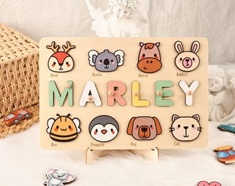 Personalized Handmade Name Puzzle with Animals, Custom Busy Board, Montessori Wooden Toy, Gift for Baby, First Birthday Gift, Christmas Gift