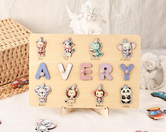 Personalized Wooden Name Puzzle, Birthday Animals Montessori Toy, Personalized Baby Name Puzzle, Baby Girl Gift, First Birthday Gift