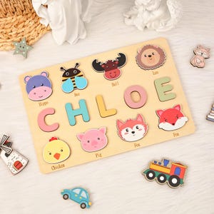 Animals Busy Board Puzzle, Wooden Name Puzzle, Nursery Decor, Birthday Gift, Montessori Toys, Baby Girl Gifts, Gift for Kids, Toddler Toys