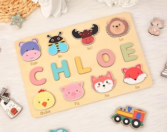 Animals Busy Board Puzzle, Wooden Name Puzzle, Nursery Decor, Birthday Gift, Montessori Toys, Baby Girl Gifts, Gift for Kids, Toddler Toys