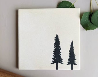 Pine Tree Trivet - Ceramic Pot Holder - Kitchen Gift for Her- Hostess Gift - Christmas Gift for Her - Modern Home Decor - Hand Painted Tiles