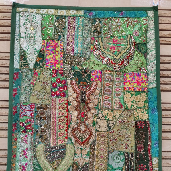 Vintage Sari Zari Work Wall Hanging | Indian Handmade Embroidered Tapestry | Decorative Patchwork Beads Wall Decor - 60" X 40"