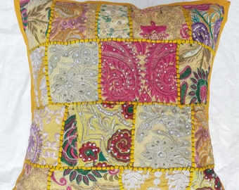 Housse de coussin brodée patchwork faite main | Oreiller décoratif hippie | Housse de coussin pour travail manuel | Housse décorative pour la maison, 16 x 16 pouces