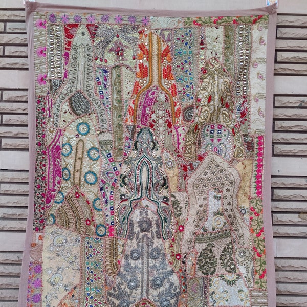 Vintage Sari Heavy Embroidery Wall Hanging Tapestry - Decorative Indian Vintage Wall Hanging Tapestries - Patchwork Beads Decor 60" X 40