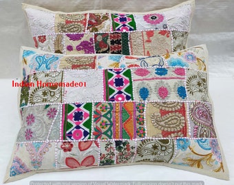 Handgemachter Weißer Boho Patchwork Kissenbezug - rechteckiges marokkanisches Kissen, Banjara Bodenkissen - Patchwork Kissenbezug