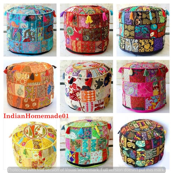 Housse de coussin de sol indien vintage fait main en patchwork | Pouf ottoman brodé à la main | Housse de décoration bohème | Housse de pouf d'extérieur