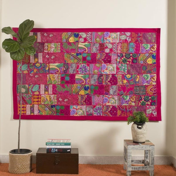 Pink Sari Patchwork Wall Hanging - Bohemian Tapestry Art, Curtain - Large Handmade Backdrop Decor - Vintage Indian Wall Art Decor