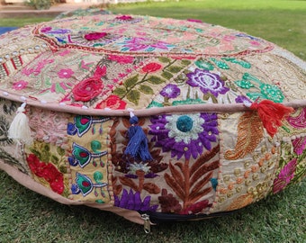 Round Embroidery Patchwork Floor Cushion Cover, Large Ottoman Pouf | Bohemian Hippie Decor | Handcrafted Round Pillow Covers