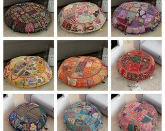 Handmade Indian Round Meditation Pillow Cover | Patchwork Boho Floor Cushion | Vintage Style Ottoman Pouf Cover | Farmhouse Pillow Cover