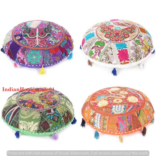 Handmade Vintage Patchwork Round Floor Cushion Cover - Rajasthani Boho Decorative Seating, Meditation Pillowcase for Floor Pillows