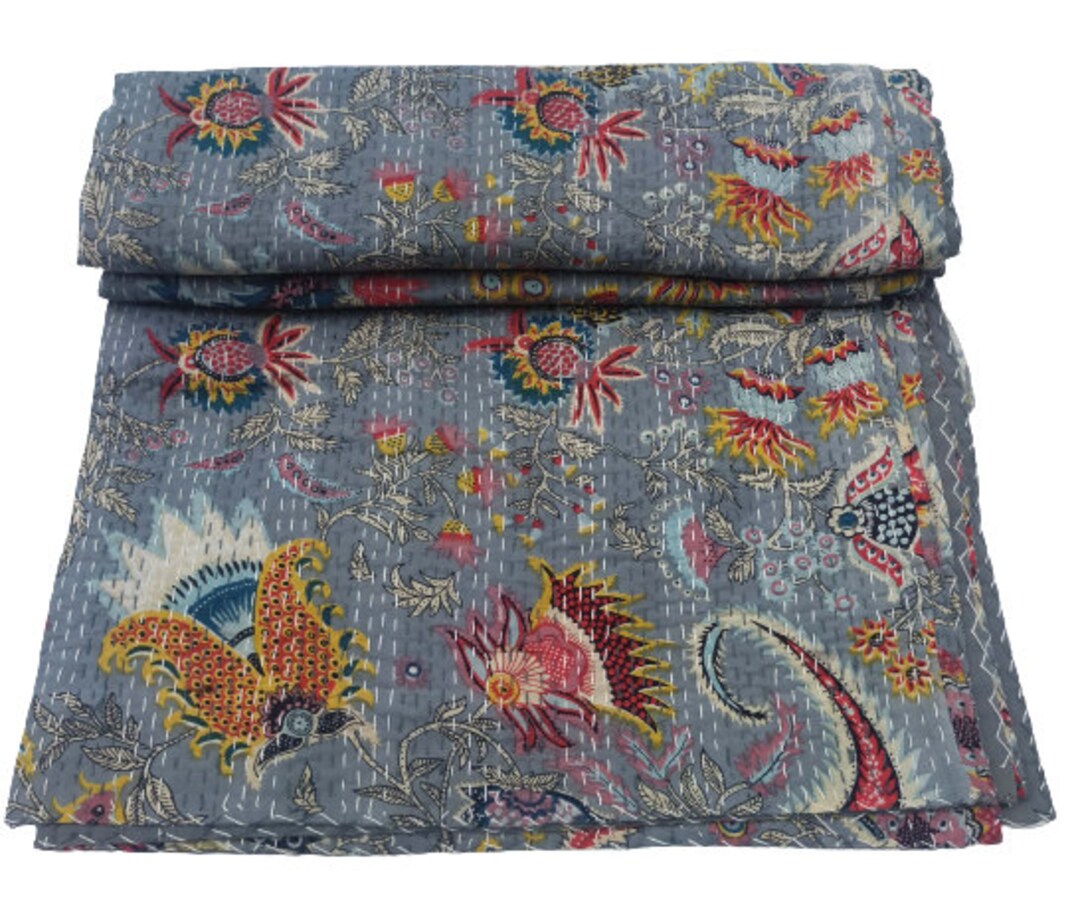 Sophia-Art Twin/Queen Multicolor Handmade Mukut Print Kantha Quilt Kantha Blanket Bed Cover King Kantha Bedspread Bohemian Bedding（並行輸入品） Patchwork Quilt Sophia-Art Twin⁄Queen Multi Color Handmade Mukut