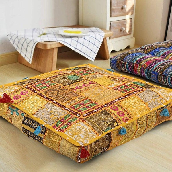 Boho Floor Cushion- Housse de coussin décorative, coussin patchwork Sari, coussin de méditation, grand oreiller de sol coussin indien hippie Art