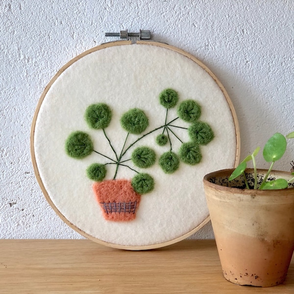 Pilea embroidered felting kit - needle felting and embroidery kit to make a Pillea