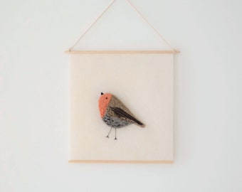 Felted and embroidered banner: the robin