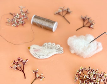 Needle felting and embroidery kit to make a bird brooch