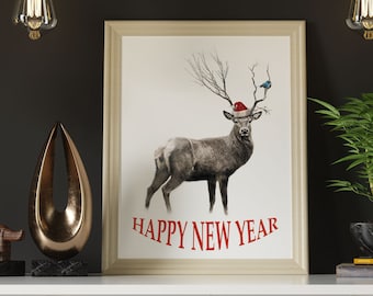 Pôster de Natal, Impressão de Natal, Impressão de veado, Pôster de veado, Impressão digital, Decoração de Natal, Presente de Natal, Arte para impressão, Arte de parede, Noel