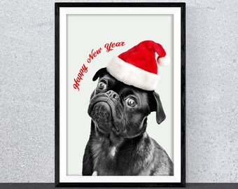 Pôster de Natal, Impressão de Natal, Decoração de Natal, Pôster de cachorro, Pôster de Pug, Presentes de Natal, Ano Novo, Arte de parede, Impressão de quarto infantil, Decoração de casa