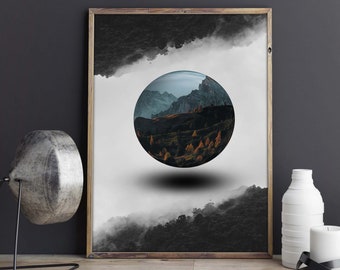 Impressão de globo 3D, impressão de mundo, impressão de planeta fantástico, preto e branco, arte de parede, decoração de casa, decoração de café, impressão de sala de estar, presente de Natal