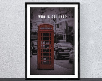 Cabine telefônica de Londres, impressões digitais, impressões em preto e branco, tipografia, arte de parede, decoração de casa, decoração de café, impressão de sala de estar, presente, neve