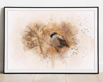 Impressão de pássaro em aquarela, impressões digitais, impressão em aquarela, marrom, arte de parede de berçário, impressão de quarto infantil, presente de Natal, arte em aquarela, decoração