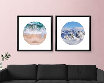 Conjunto de 2 estampas, estampa de verão e inverno, estampa de paisagem, estampa de praia, estampa de montanhas, estampa quadrada, estampa circular, estampa geométrica, globo