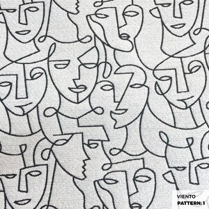 May include: A white fabric with a black and white abstract pattern of faces. The text "VIENTO PATTERN: 1" is at the bottom of the image.
