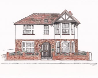 Bespoke house illustration - ink & watercolour