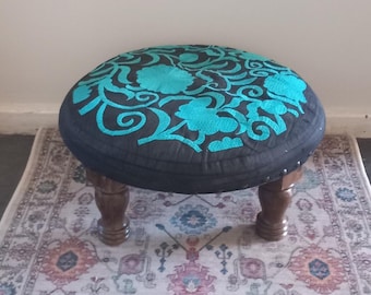 Antique Wooden Foot Stool with 3 dark wooden legs blue black design 20cms high