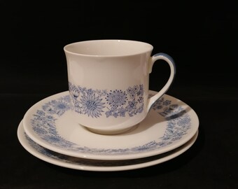 Royal Doulton Cranbourne Tea Trio, Cup, Saucer & Side Plate blue white flowers