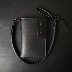 ALL BLACK 6 pocket biker wallet - black leather/D-ring + black leather strap wallet chain