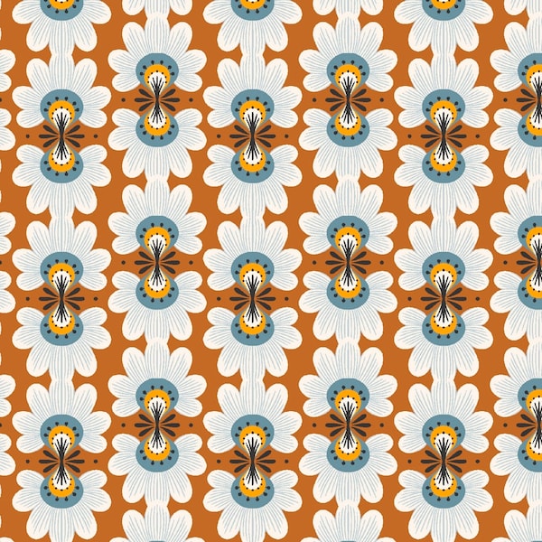 Cotton and Steel - Ladybug Lane - Flower Burst - Rust Fabric  by on the Mark Designs