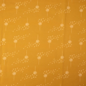 Könnte beinhalten: Ein senfgelber Stoff mit einem weißen Löwenzahnmuster. Die Löwenzähne befinden sich in verschiedenen Stadien des Verblühens.