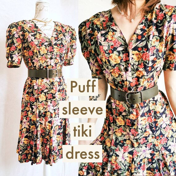 FLORAL TIKI DRESS Vintage 1980s 1940s Hawaiian Puf