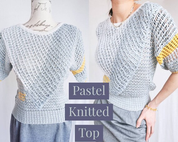 PASTEL KNITTED TOP Baby Blue White Open Knit Croch