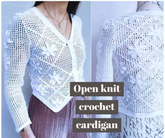 WHITE CROCHET CARDIGAN Vintage Fitted Open Knit Sm