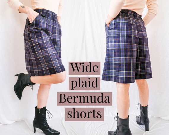 PLAID BERMUDA SHORTS Women's High Rise Wool Blue W
