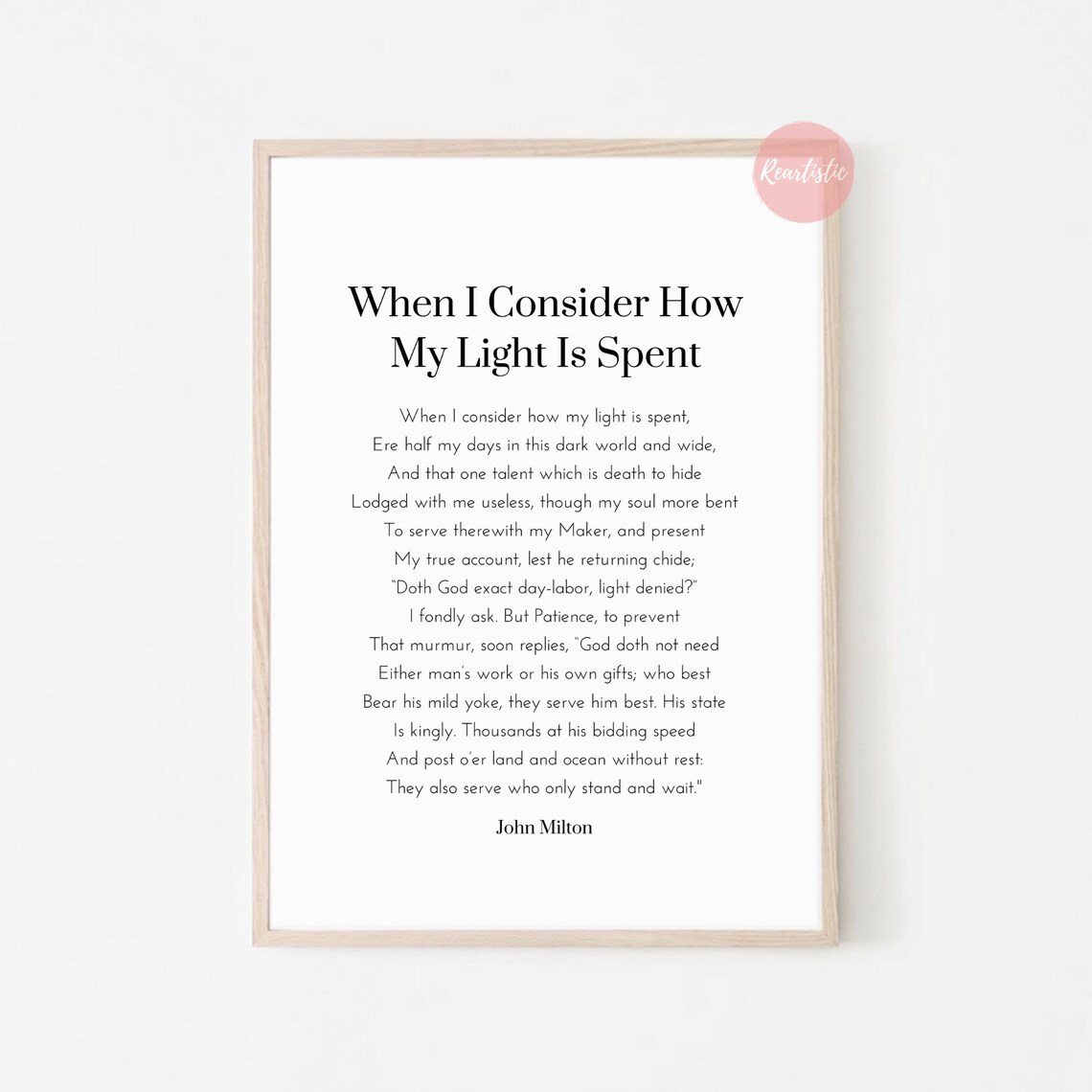 When I Consider How My Light is Spent by John Milton Poem Etsy