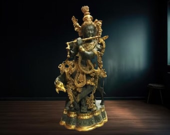 statue de Krishna avec son veau en bronze