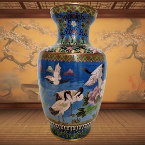 Large vase in brass and cloisonné enamels with floral decoration and cranes China 20th century