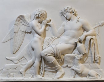Bas-relief of Dionysus with Cupid. 70×51 cm reconstituted marble