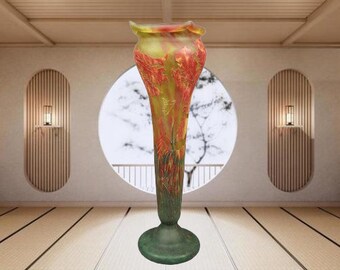 Large Daum vase in multilayer glass, with acid-etched decoration and vitrified powders