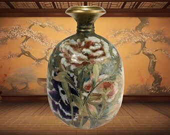 Antique Art Nouveau Amphora pottery vase with matte and glazed peony flowers